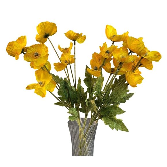 Yellow Artificial Poppy Flower Stems Silk & Plastic Foliage Single Stem Realisti - Picture 10 of 13